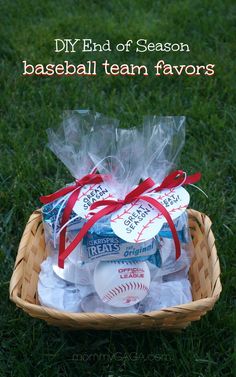 a basket full of baseball team favors with the words diy end of season baseball team favors