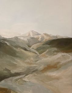 an abstract painting of mountains and water