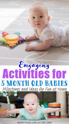 a baby laying on the floor with toys and text that reads engaging activities for 5 month old babies