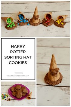 harry potter sorting hat cookies on a plate with candy in the bowl and other treats