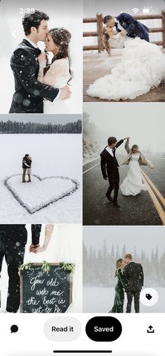 a couple in their wedding clothes standing next to each other on the snow covered ground