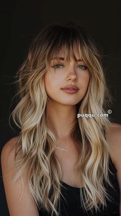 Long Shag Blonde Balayage, Long Balayage Hair With Bangs, Blended Layers Haircut Long, Balayage Bangs Blonde, Blonde Ombre With Bangs, Blond Highlights With Bangs, Bardot Bangs Long Hair, Blonde Hair Smudged Roots, Bangs For Large Forehead