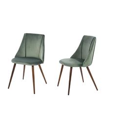 two green chairs with wooden legs and one has a seat upholstered on the back