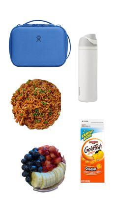 the contents of a lunch box including noodles, fruit and yogurt are shown