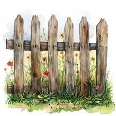 a watercolor painting of a wooden fence with daisies on the grass behind it