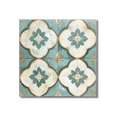 four white and blue tiles with green leaves on the bottom one has a flower in the middle