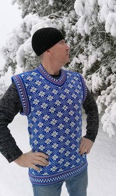 "Knitted wool vest for men, classic and elegant nordic design. Traditional Kihnu troi pattern. Vest is knitted from 100% wool yarn, it is very good protection from cold. Matching for men XL-size. Made from high-quality wool. This vest provides superior insulation without compromising on comfort. The classic design ensures versatility, allowing you to wear this vest as  for casual outings to more formal occasions. These classical color palette complements the traditional pattern, creating a sophi Wool Vest, Vest Outfits, Knit Vest, Nordic Design, Machine Knitting, Wool Yarn, Star Patterns, Scandinavian Style, Color Set