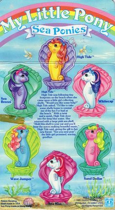 the poster for my little pony sea ponies is shown in different colors and sizes