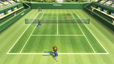 two people playing tennis on a grass court in a virtual world environment, with spectators watching from the stands