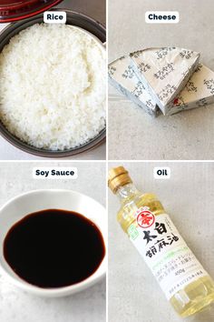 four pictures showing different types of rice and sauces