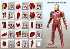 the iron man mark 46 paper model is shown in red and silver colors, with various images