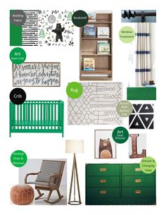 a collage of green and black furniture, wallpapers, rugs, lamps, pictures, and other items