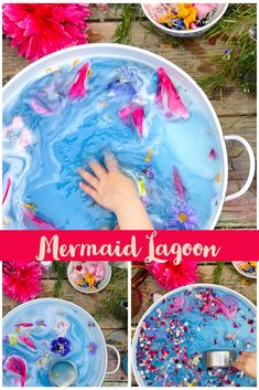 the mermaid lagoon is made with blue liquid and pink flowers