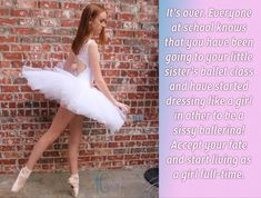 a girl in a white tutu is standing by a brick wall