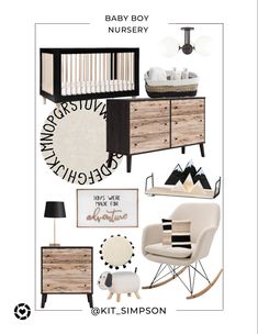 a baby nursery room with furniture and decor