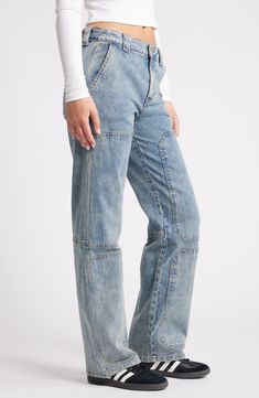 Made to look like a well-loved workwear pair, these low-stretch, straight-leg jeans feature roomy pockets and a loose, easy fit. 33" inseam; 19" leg opening; 11" front rise; 15" back rise (size 27) Zip fly with button closure Front slant pockets; back patch pockets 99% cotton, 1% spandex Machine wash, tumble dry Imported Fitted Rigid Denim Cargo Jeans, Washed Rigid Denim Full Length Bottoms, Mid-rise Cotton Utility Flare Jeans, Mid-rise Cotton Flare Jeans In Utility Style, Washed Utility Jeans With Relaxed Fit, Utility Relaxed Fit Medium Wash Flare Jeans, Washed Relaxed Fit Utility Jeans, Medium Wash Relaxed Fit Utility Flare Jeans, Utility Style Medium Wash Relaxed Fit Flare Jeans