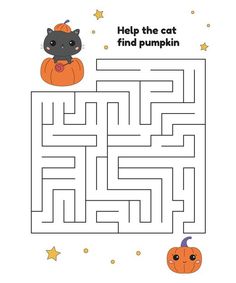 a maze with pumpkins and a cat on it that says help the cat find pumpkin