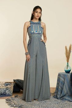 Featuring a blue geometric print yoke style jumpsuit Components: 1 Jumpsuit Fabric: Crepe Care: Dry clean only Halter Neck Jumpsuit, Style Jumpsuit, Jumpsuit For Women, Shirt Pant Set, Fitted Jumpsuit, Sequin Appliques, Jumpsuit Online, Blue Jumpsuits, Indian Fashion Designers