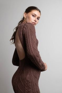 Look Back Brown Open Back Cable Knit Bodycon Sweater Dress Backless Sweater Dress, Backless Sweater, Backless Long Sleeve, Bodycon Sweater, Bodycon Sweater Dress, Chic Holiday, Trendy Outfits Winter, Trendy Winter, Long Sleeve Sweater Dress