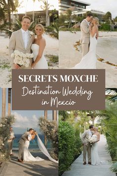 a bride and groom standing on a dock with the words secrets moxche destination wedding in mexico