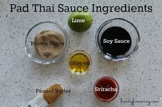 ingredients to make homemade face scrubs on a counter top with the words, pad thai sauce ingredients