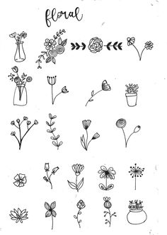 flowers drawn in black and white with the words floral written below them on a sheet of paper