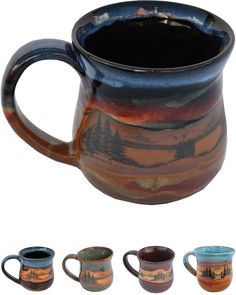 four mugs with different colors and designs on them