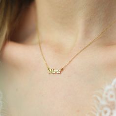 Dainty mama necklace-14K Gold Mama Necklace-New Mom Gift-Minimalist Necklace for Moms-New Mom Gift-Mothers Day Gift Hey Mama! Has anyone told you that you're doing an awesome job? A 14K Gold Necklace handmade with love for all the wonderful mothers. This dainty necklace will be her favorite piece of jewelry, we promise! ›› Item Details: › Made to Order › Gold Kt: 14K (also available in 9K & 18K) › Available Gold Color: White Gold, Yellow Gold, Rose Gold › Size of Pendant: 13MM x 4MM › Chain Delicate Yellow Gold Name Necklace For Mother's Day, Mother's Day 14k Gold Name Necklace With Delicate Chain, Yellow Gold Name Necklace As Gift For Mom, Dainty Name Necklace For Wedding And Mother's Day, Yellow Gold Necklaces With Names For Mom, Mother's Day Yellow Gold Name Necklace With Delicate Chain, Dainty Yellow Gold Name Necklace For Mom, Classic Name Necklace With Hallmarks For Mother's Day, Delicate Chain Name Pendant Necklace For Anniversary