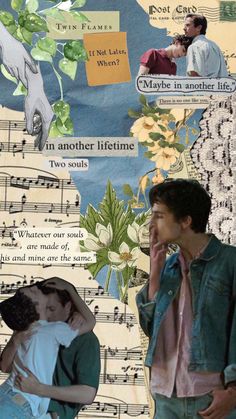 collage of two people with music notes on the wall and one person holding a cell phone to his ear