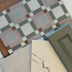 several different types of tile on the wall and floor in various colors, shapes and sizes