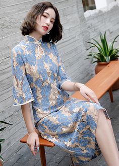 Women Blue Stand Collar Button Lace Cheongsam Dress Half SleeveFabric: LaceSize & Fit: Fit: This garment fits true to size.Length: Size S measures 44.46"from shoulder to hemBust: Great for any cup size. Waist: Loose Fit. Comfortable room throughout midsection.Hip: Loose Fit - room for hips. Hand Wash Cold. Elegant Spring Cheongsam With Stand Collar, Formal Fitted Stand Collar Cheongsam, Spring Embroidered Cheongsam With Stand Collar, Blue Fitted Cheongsam With Stand Collar, Traditional Short Sleeve Fitted Cheongsam, Half Sleeve Women, Cheongsam Dress, Half Sleeve Dresses, Cheongsam