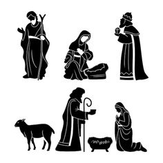 four black and white silhouettes of jesus, mary, joseph and baby jesus with sheep