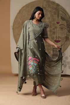 Dusty Green Handpainted Suit Set – shopnavaa Puff Sleeves Suit, Formal Kurti, Glass Wardrobe, Maharani Designer Boutique, Designer Salwar Kameez, Latest Dress Design, Dusty Blue Bridesmaid Dresses, Kurti Embroidery Design, Salwar Kameez Online