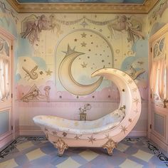 a bathtub in the middle of a room decorated with stars and moon designs