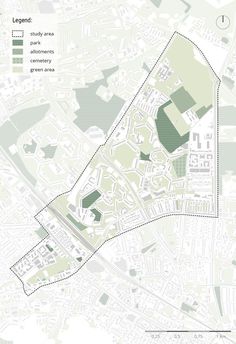 a map shows the location of several buildings and streets in an area with green areas