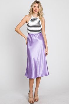 Solid satin mermaid pencil midi skirt with elastic waist. Standard, solid, satin skirt. Pencil Midi Skirt, Satin Skirt, Midi Skirt, Elastic Waist, Mermaid, Lavender, Pencil, Satin, Elastic