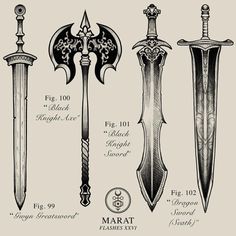 four different types of swords with their names and numbers on the front, side, and back