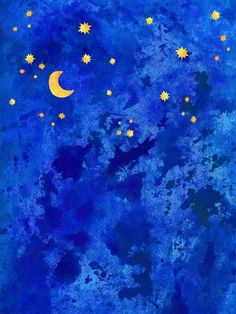 an abstract painting with stars and moon in the night sky on blue watercolor paper