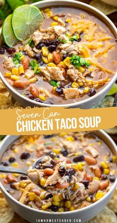 chicken taco soup in a bowl with tortilla chips and lime wedges