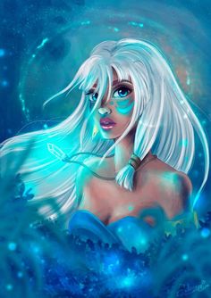 a painting of a woman with long white hair and blue eyes in the ocean water