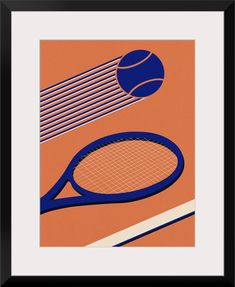 a tennis racket and ball on an orange background with black framed art print by person