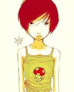 a drawing of a girl with red hair wearing a green tank top and white shorts