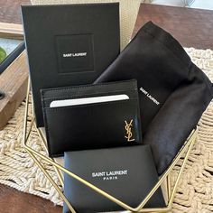 Ysl Tiny Cassandre Leather Credit Card Case In Black/Gold - New With Tags, Box, Pouch. Purchased And Never Used. Ysl Document Holder, Ysl Small Envelope, Bags Ysl, Box Pouch, Yves Saint Laurent Bags, Card Case, Yves Saint Laurent, Saint Laurent, Credit Card