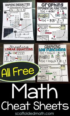 four posters with the text all free math cheat sheets