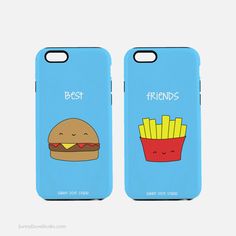 two phone cases with cartoon characters on them, one has fries and the other has a hamburger