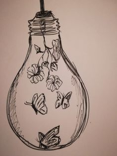 a drawing of a light bulb with flowers in it and butterflies flying around the bulb