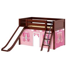 a wooden bunk bed with pink curtains and a slide