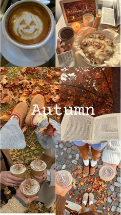 autumn collage with coffee, books and leaves on the ground in front of them