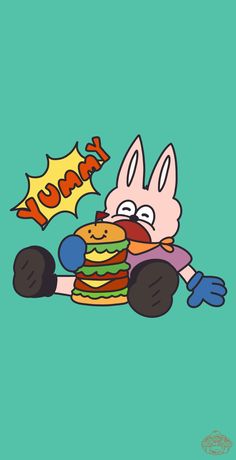 cartoon character holding a stack of hamburgers