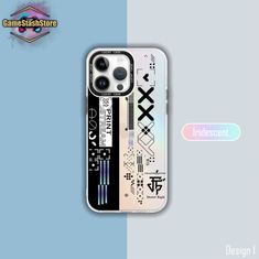 an iphone case that has some type of sticker on it, with the words in different